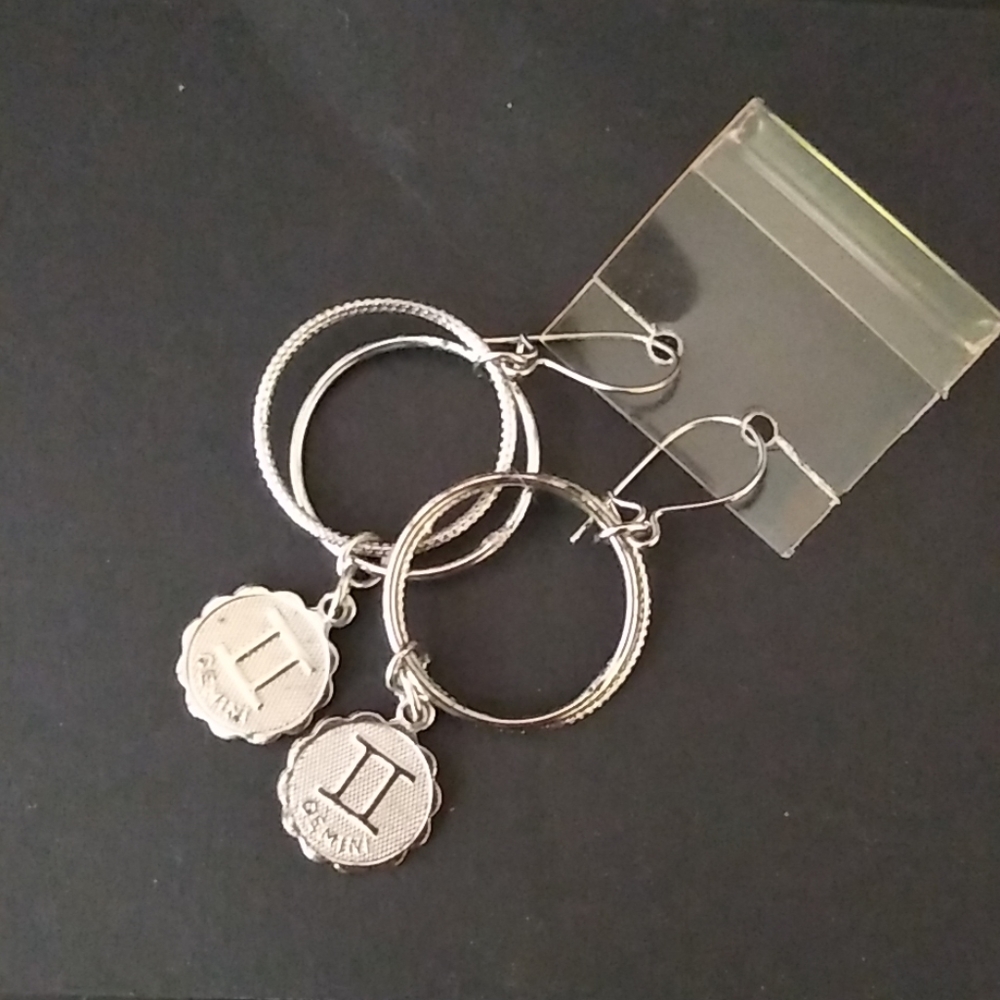 Silver double hoop gemini pendant dangle earrings